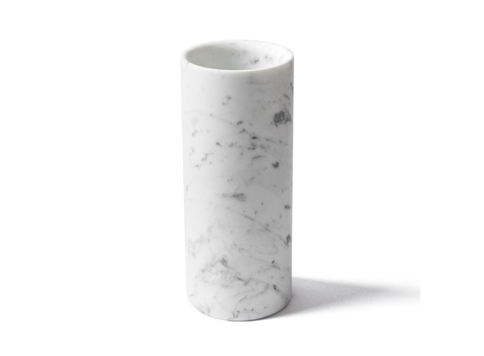 Cylindrical Vase in Satin White Carrara Marble Italian Design - Murillo Viadurini