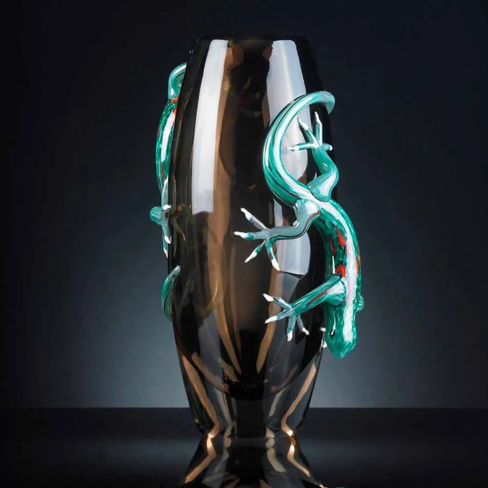 Indoor Stained Glass Vase with Geckos Handmade in Italy - Geco Viadurini