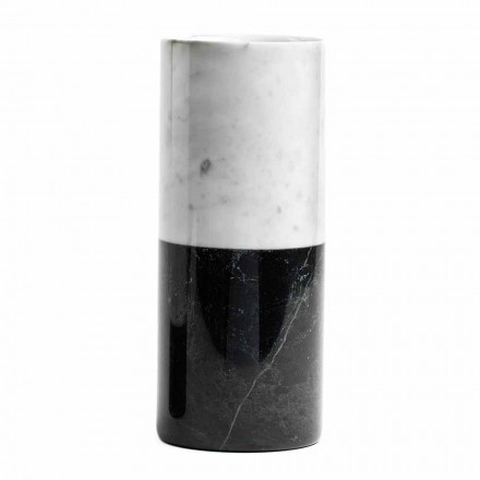 Cylindrical Decorative Vase in Carrara Marble and Marquinia Made in Italy - Emory Viadurini