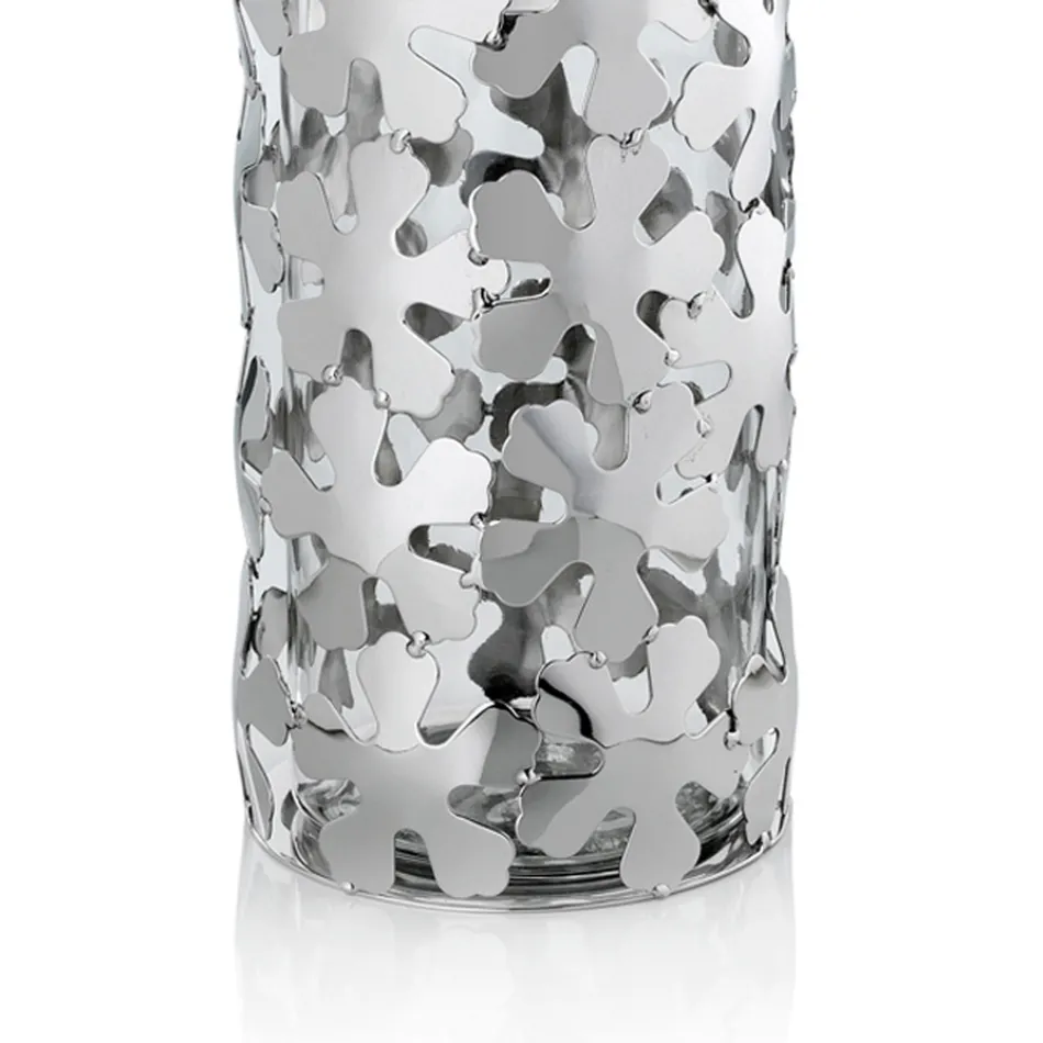 Vase in Silver Metal and Glass Elegant Cylindrical Design with Flowers - Megghy Viadurini