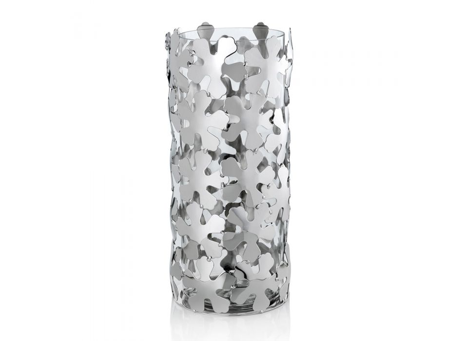 Vase in Silver Metal and Glass Elegant Cylindrical Design with Flowers - Megghy Viadurini