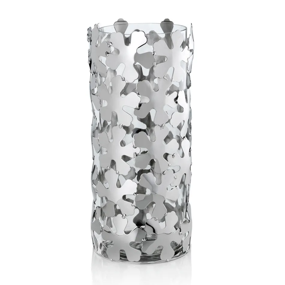 Vase in Silver Metal and Glass Elegant Cylindrical Design with Flowers - Megghy Viadurini