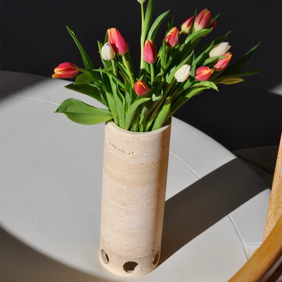 Cylindrical Vase/Candle Holder in Satin Marble Made in Italy - Shoyo Viadurini