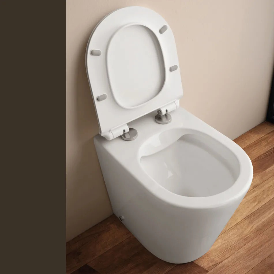 Rimless Floor-Mounted Toilet with Soft-Close Seat in White Ceramic - Juniper   Viadurini