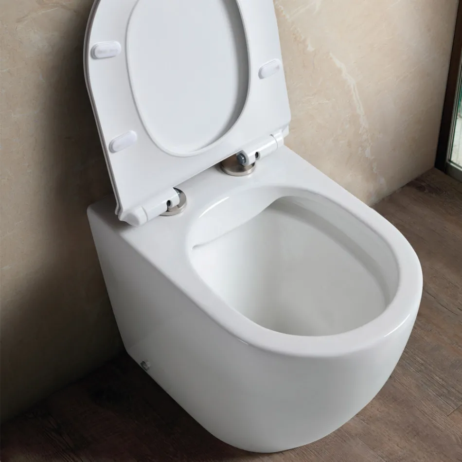 Aster White Ceramic Rimless Floor-Mounted Toilet with Soft-Close Seat   Viadurini