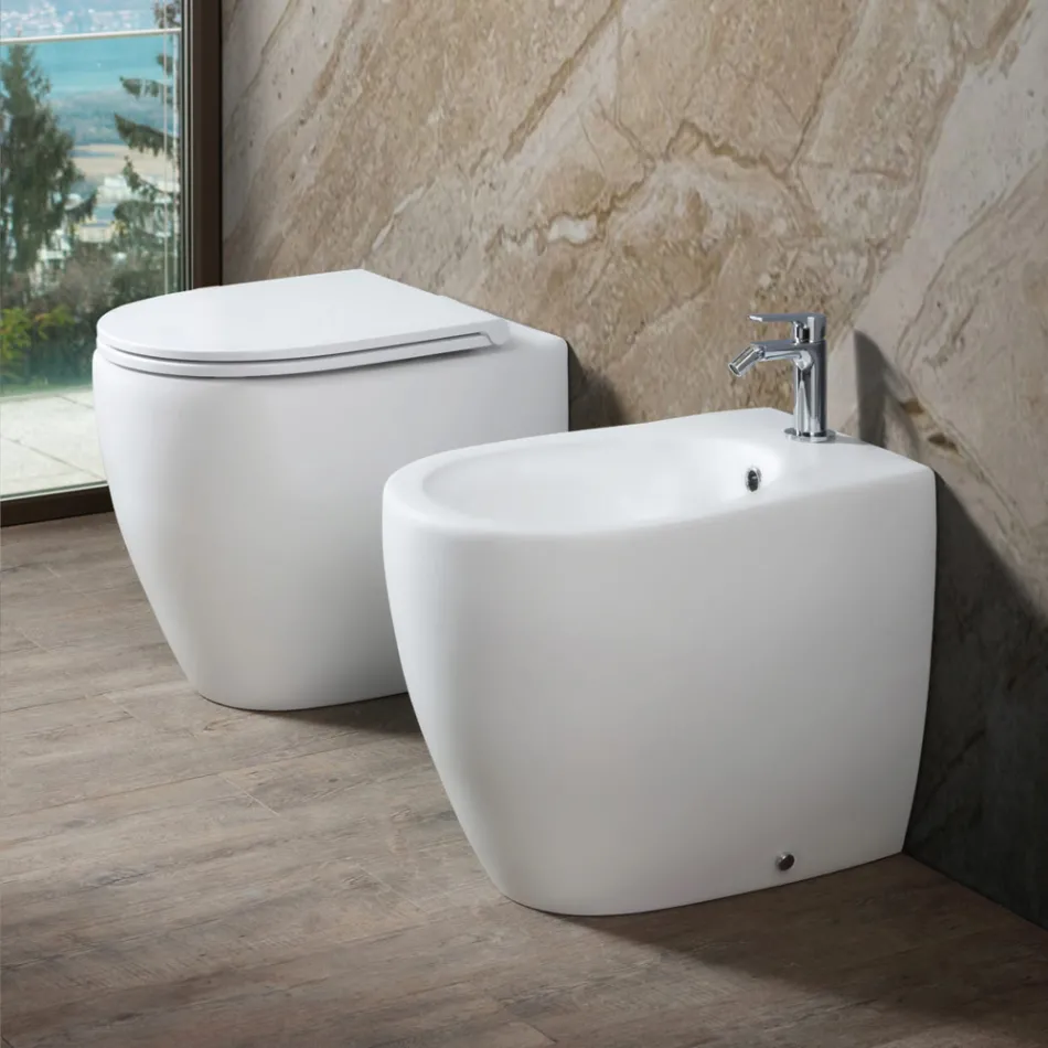 Aster Two-Color Matt Ceramic Rimless Toilet with Soft-Close Seat   Viadurini