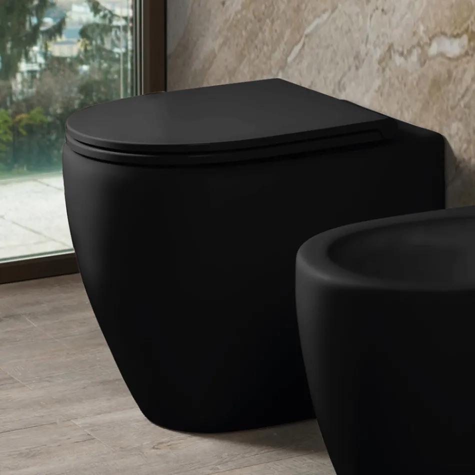 Aster Two-Color Matt Ceramic Rimless Toilet with Soft-Close Seat   Viadurini
