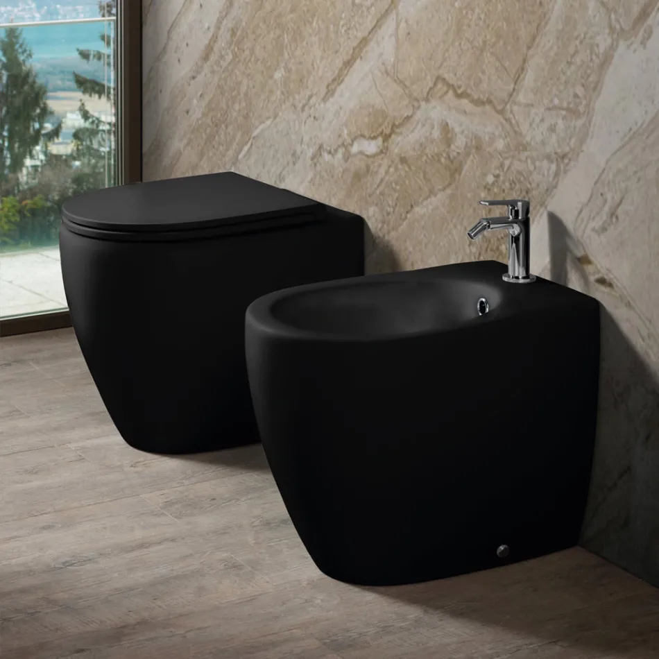 Aster Two-Color Matt Ceramic Rimless Toilet with Soft-Close Seat   Viadurini