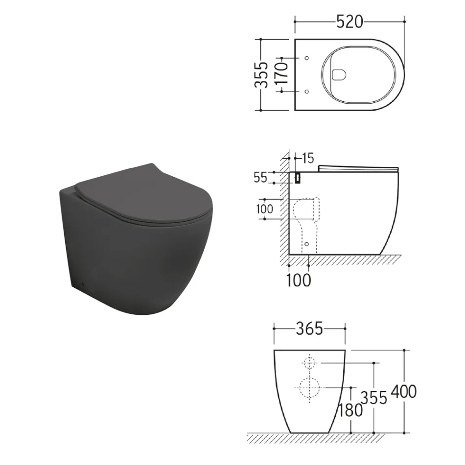Aster Two-Color Matt Ceramic Rimless Toilet with Soft-Close Seat   Viadurini