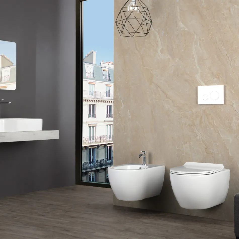 Aster White Ceramic Wall-Hung Rimless Toilet with Soft-Close Seat Viadurini