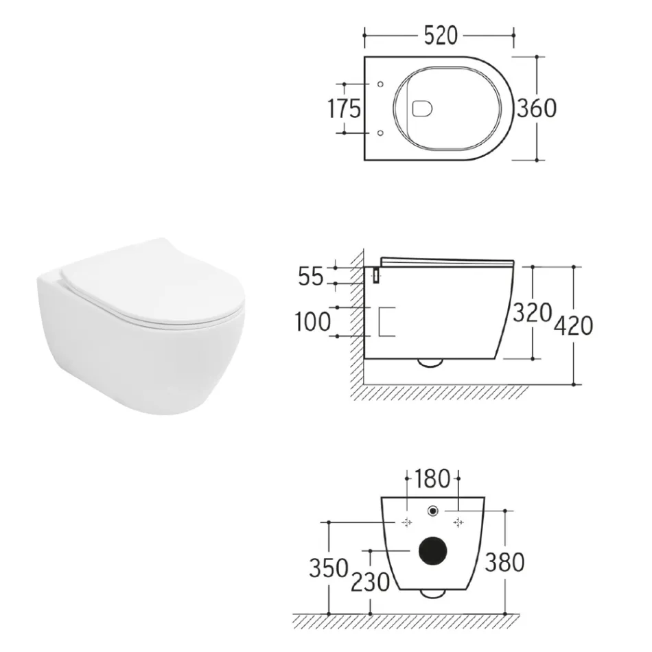 Aster White Ceramic Wall-Hung Rimless Toilet with Soft-Close Seat Viadurini