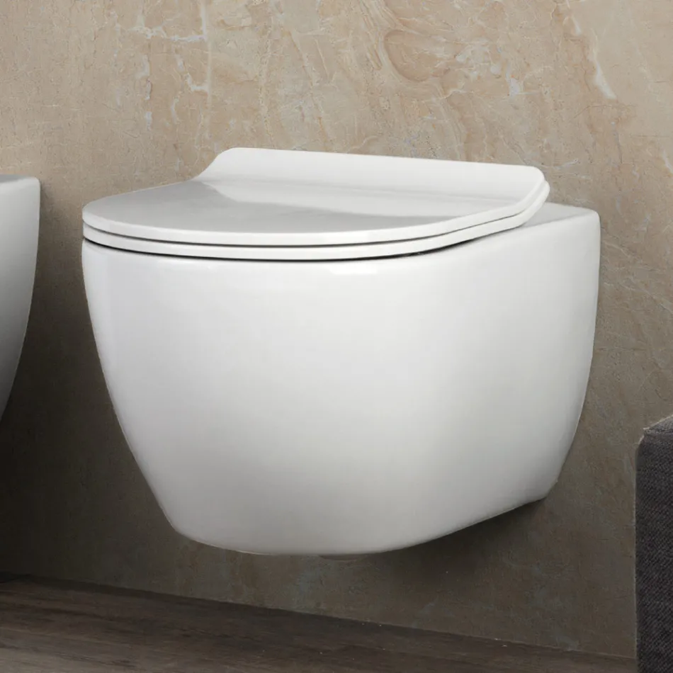 Aster White Ceramic Wall-Hung Rimless Toilet with Soft-Close Seat Viadurini