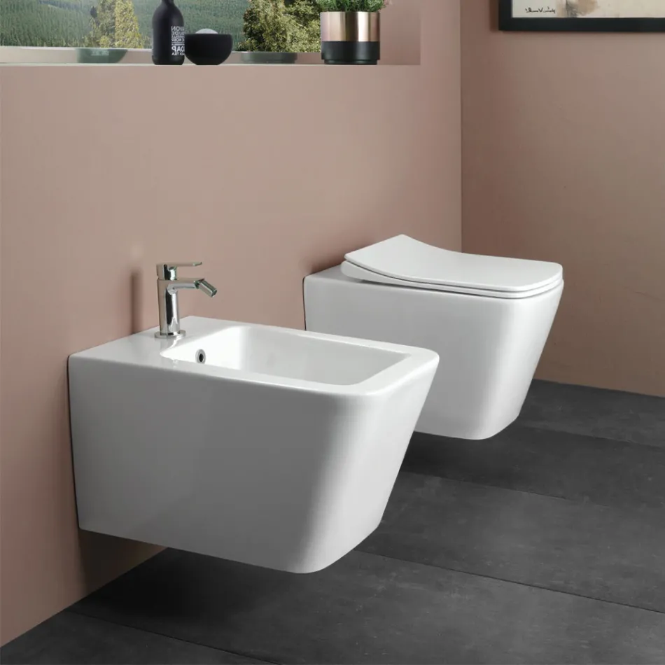 Wall-hung toilet with soft-close ceramic seat in a modern design - Giunco Viadurini