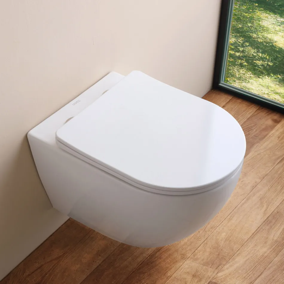 Wall-Hung Rimless Toilet with Soft-Close Ceramic Seat - Juniper   Viadurini