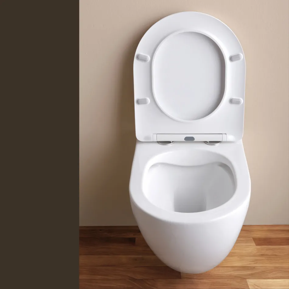 Wall-Hung Rimless Toilet with Soft-Close Ceramic Seat - Juniper   Viadurini