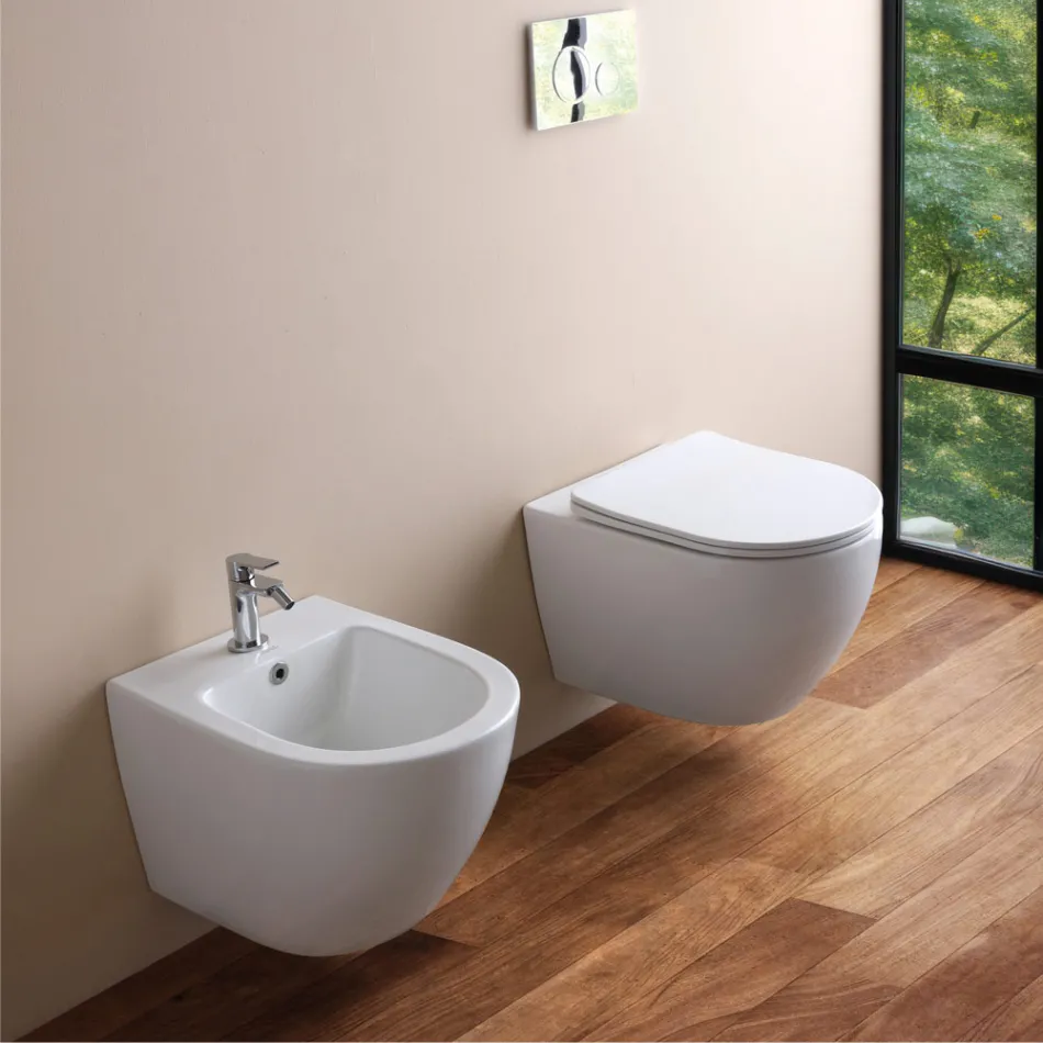 Wall-Hung Rimless Toilet with Soft-Close Ceramic Seat - Juniper   Viadurini