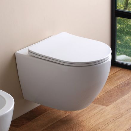 Wall-Hung Rimless Toilet with Soft-Close Ceramic Seat - Juniper   Viadurini