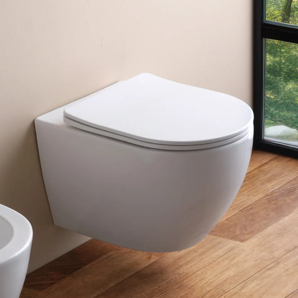 Wall-Hung Rimless Toilet with Soft-Close Ceramic Seat - Juniper   Viadurini