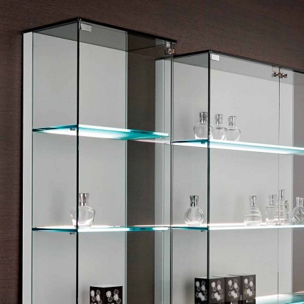 Wall Showcase in Glass and White Wood, Wheels and Illuminated Shelves - Armilla Viadurini