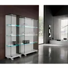 Wall Showcase in Glass and White Wood, Wheels and Illuminated Shelves - Armilla Viadurini