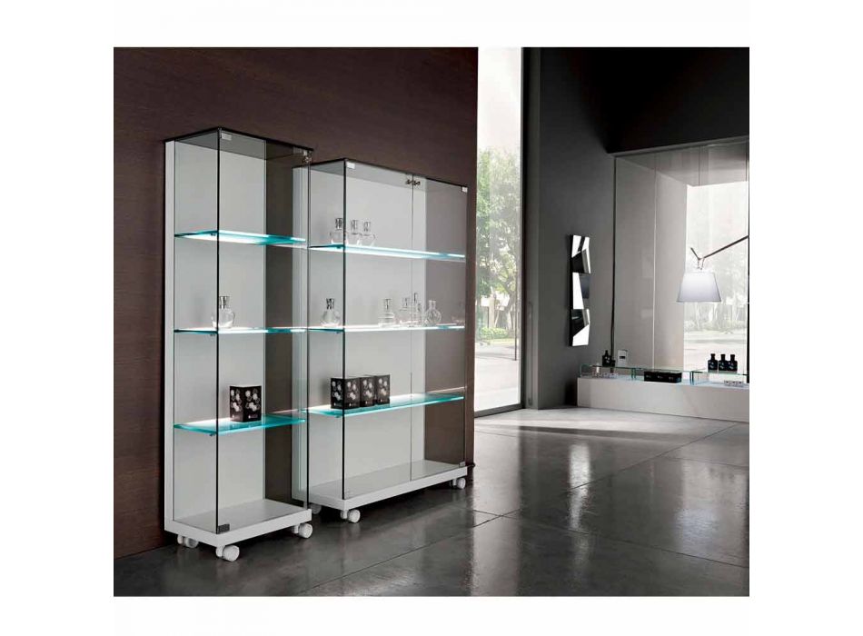 Wall Showcase in Glass and White Wood, Wheels and Illuminated Shelves - Armilla Viadurini