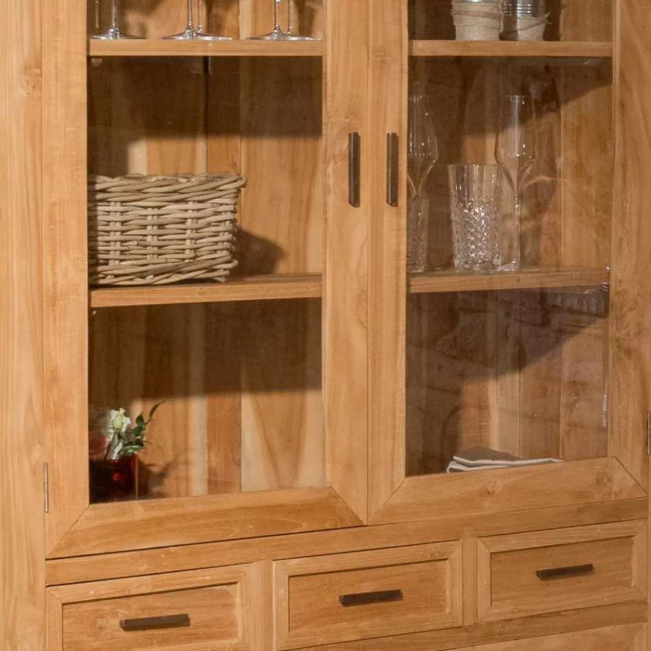 Sanda Solid Teak Living Room Display Cabinet with 4 Doors and 3 Drawers Viadurini