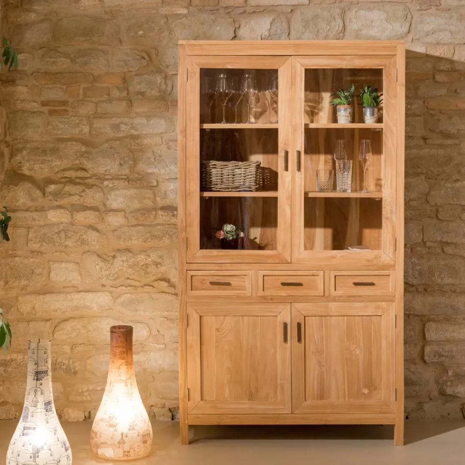 Sanda Solid Teak Living Room Display Cabinet with 4 Doors and 3 Drawers Viadurini