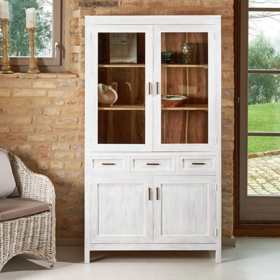 Sanda Solid Teak Living Room Display Cabinet with 4 Doors and 3 Drawers Viadurini