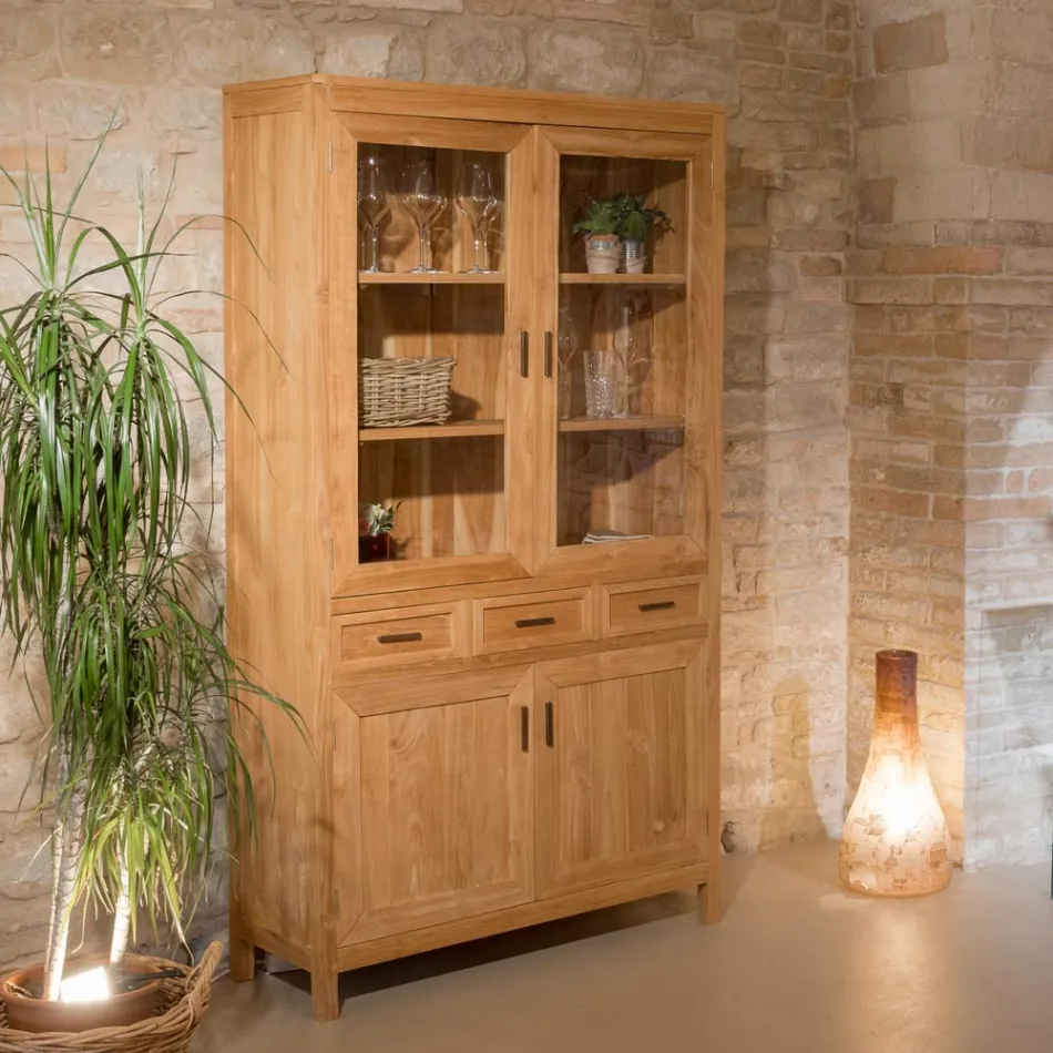 Sanda Solid Teak Living Room Display Cabinet with 4 Doors and 3 Drawers Viadurini