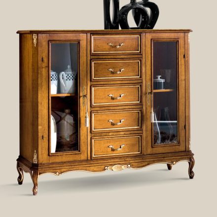 Living Room Display Cabinet in Wood with 2 Doors and 5 Drawers Made in Italy - Richard Viadurini