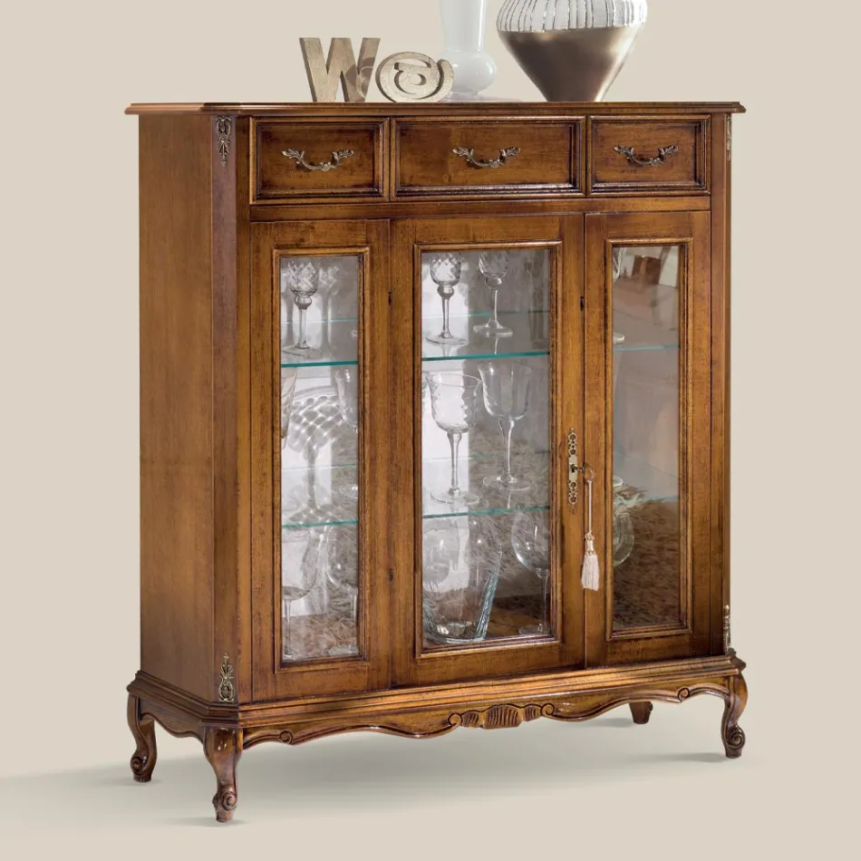Living Room Display Cabinet in Wood with Door and 3 Drawers Made in Italy - Richard Viadurini