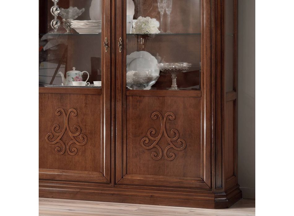 Wooden display cabinet in patinated walnut finish with lily decoration Made in Italy - Women Viadurini