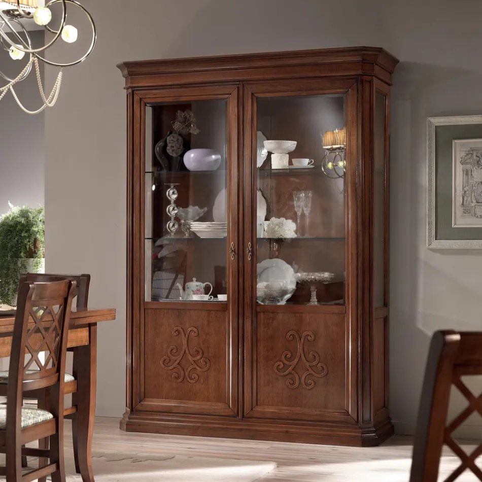 Wooden display cabinet in patinated walnut finish with lily decoration Made in Italy - Women Viadurini